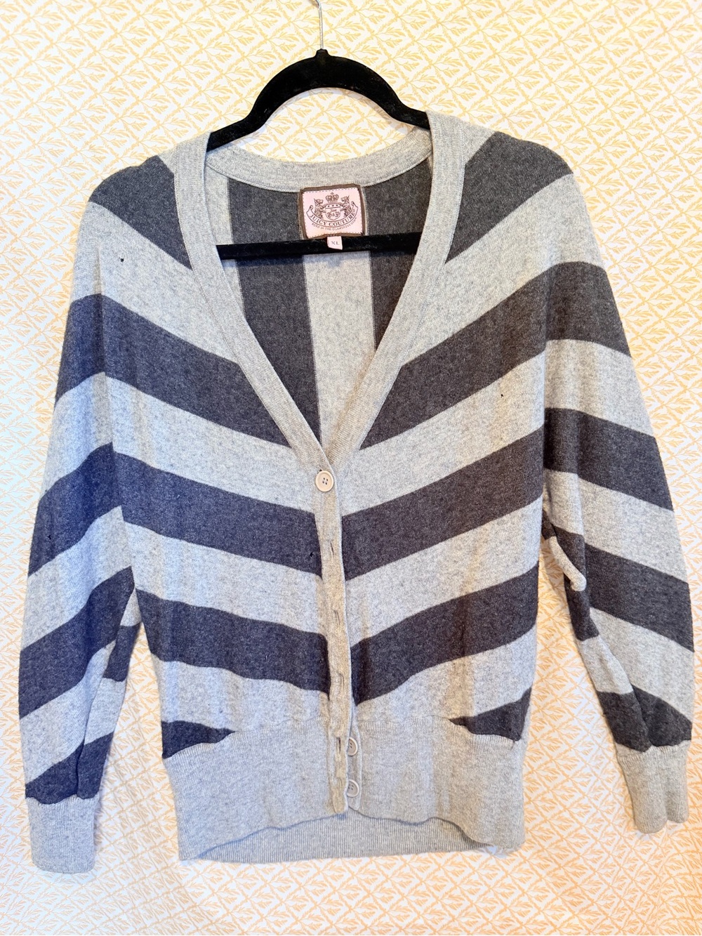 Juicy Couture Gray and Charcoal Striped V-Neck Cardigan